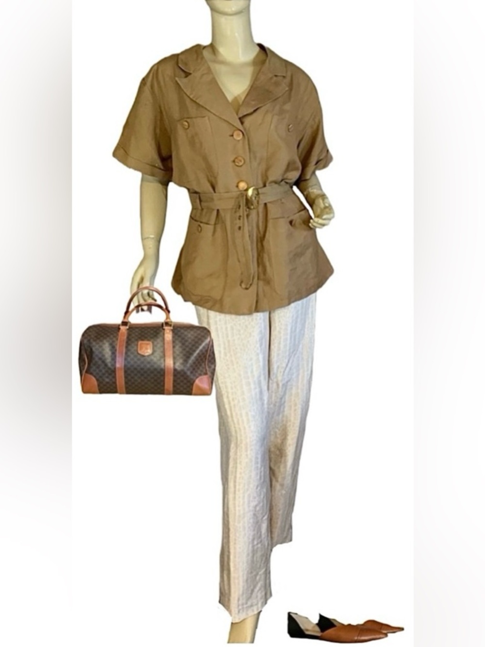 CHEVERE VINTAGE 90'S TAN SHORT SLEEVE BUTTON DOWN BLAZER TOP WITH BELT (20)